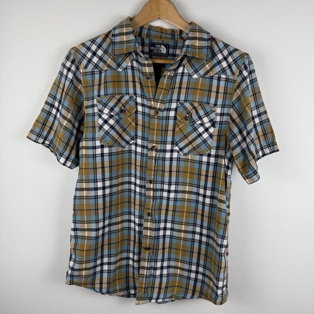 The North Face Men's Short Sleeve Button Down Shirt Sz S Plaid Blue Brown White